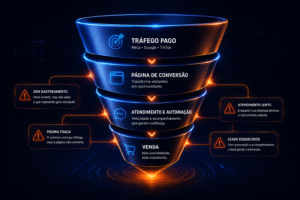 Funil de vendas com os 4 pontos de vazamento mais comuns: rastreamento, página, atendimento e leads.